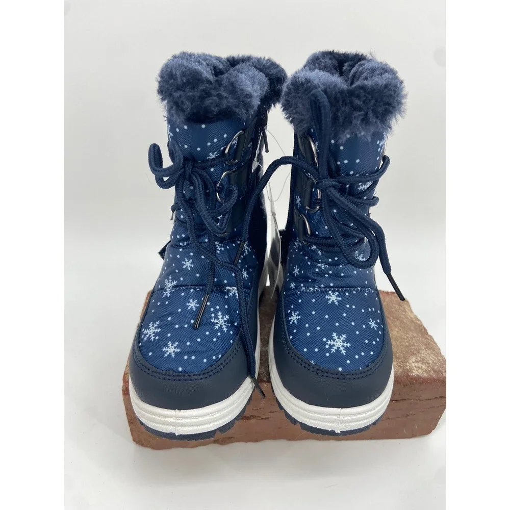 Apakowa Kids Navy Blue Snowflake Winter Snow Boots Faux Fur Lined Waterproof Lug